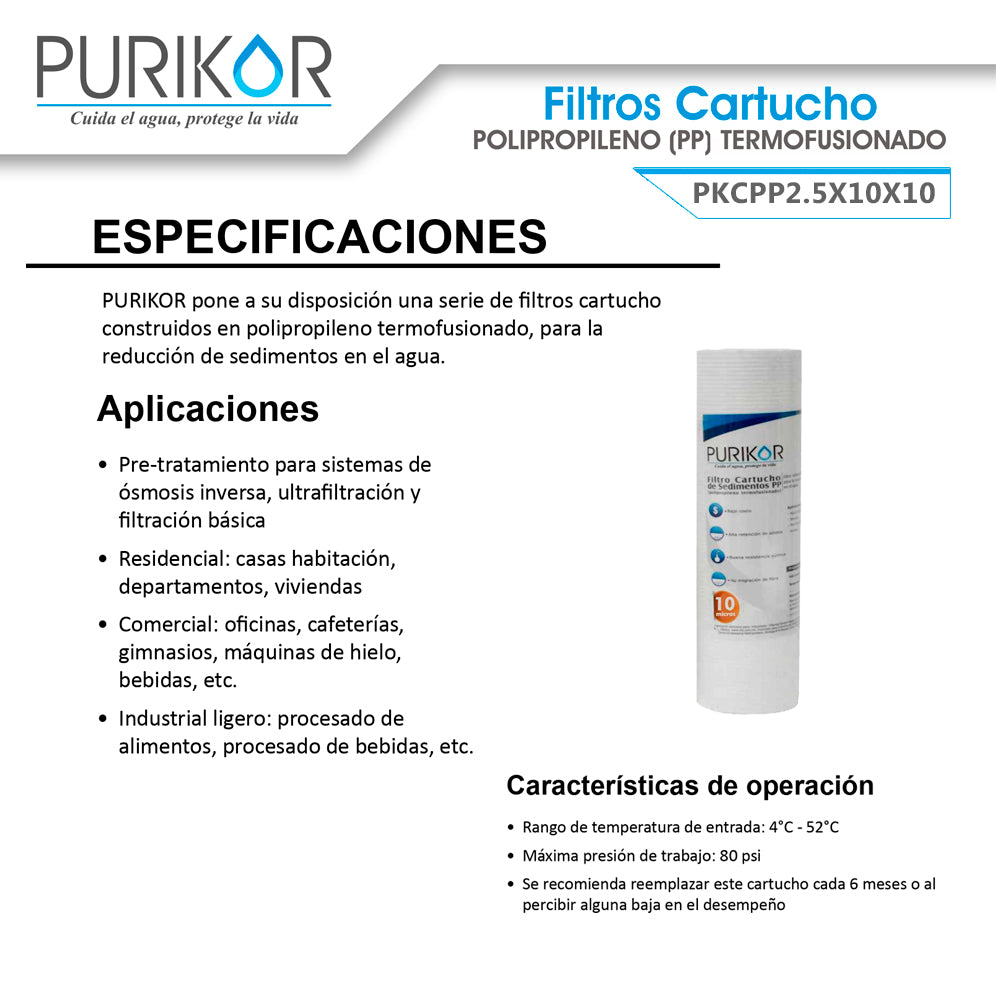 Filtro Cartucho de Polipropileno Termofusionado para reducción de Sedimentos del agua Purikor PKCPP2.5X10X10