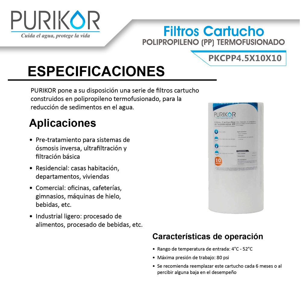 Filtro Cartucho de Polipropileno Termofusionado para reducción de Sedimentos del agua Purikor PKCPP4.5X10X10
