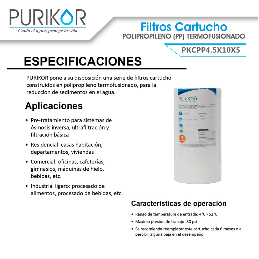 Filtro Cartucho de Polipropileno Termofusionado para reducción de Sedimentos del agua Purikor PKCPP4.5X10X5