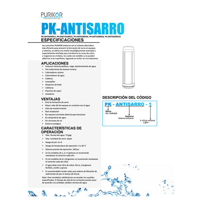 Cartucho Antisarro Marca Purikor, 4.5 X 20 2.5L, Flujo Nominal 10 gpm PK-ANTISARRO10