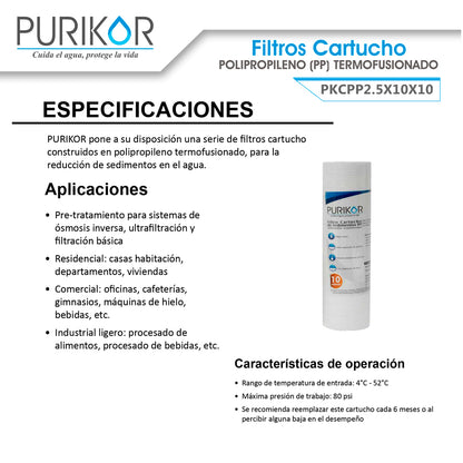 Filtro Cartucho de Polipropileno Termofusionado para reducción de Sedimentos del agua Purikor PKCPP2.5X10X10