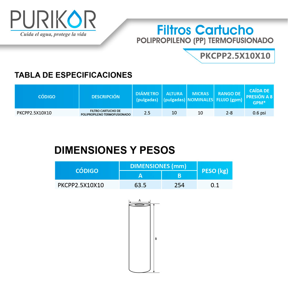 Filtro Cartucho de Polipropileno Termofusionado para reducción de Sedimentos del agua Purikor PKCPP2.5X10X10