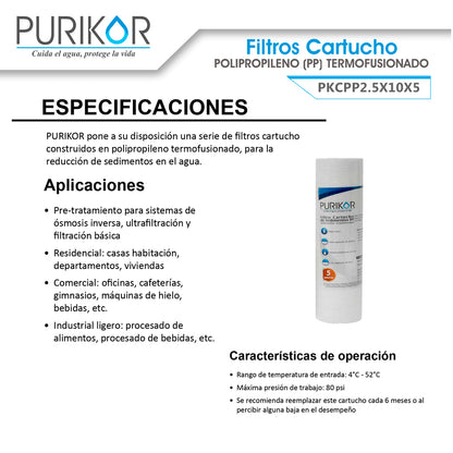 Filtro Cartucho de Polipropileno Termofusionado para reducción de Sedimentos del agua Purikor PKCPP2.5X10X5