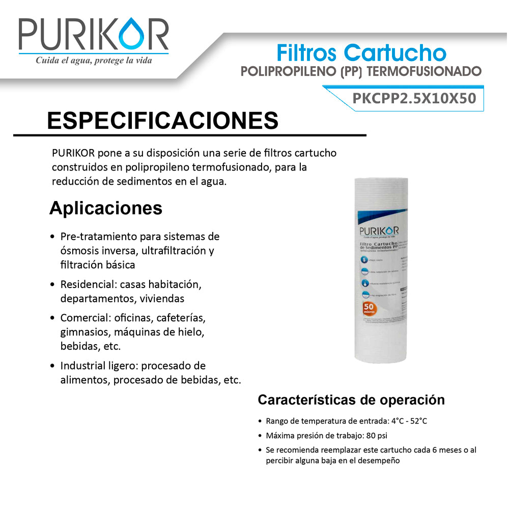 Filtro Cartucho de Polipropileno Termofusionado para reducción de Sedimentos del agua Purikor PKCPP2.5X10X50