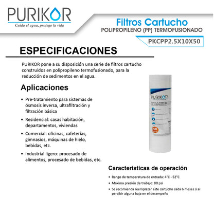 Filtro Cartucho de Polipropileno Termofusionado para reducción de Sedimentos del agua Purikor PKCPP2.5X10X50
