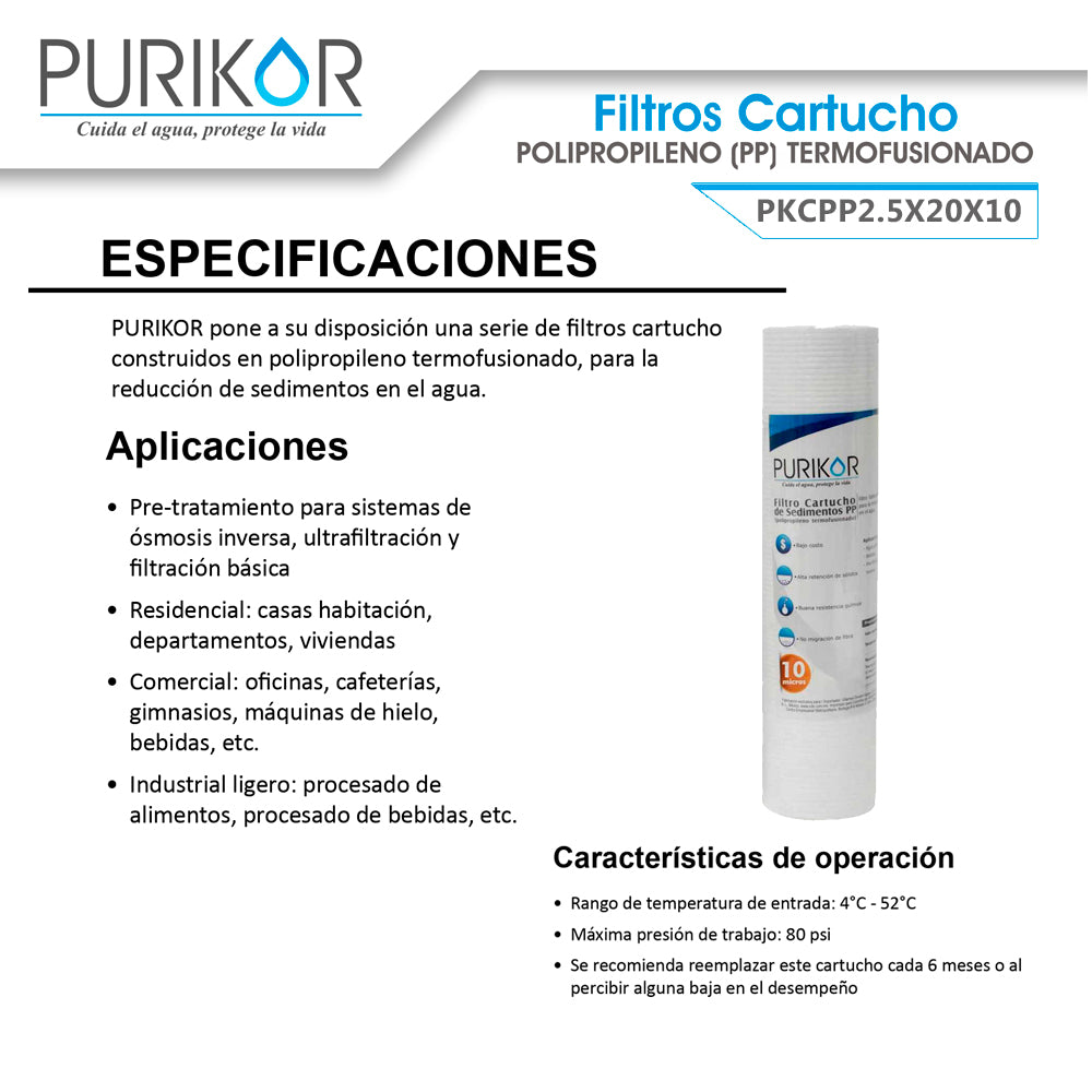 Filtro Cartucho de Polipropileno Termofusionado para reducción de Sedimentos del agua Purikor PKCPP2.5X20X10