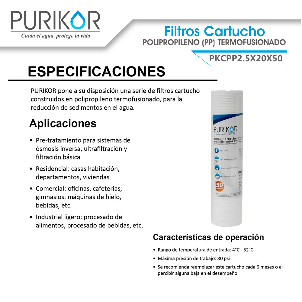 Filtro Cartucho de Polipropileno Termofusionado para reducción de Sedimentos del agua Purikor PKCPP2.5X20X50