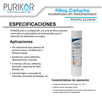 Filtro Cartucho de Polipropileno Termofusionado para reducción de Sedimentos del agua Purikor PKCPP2.5X20X50