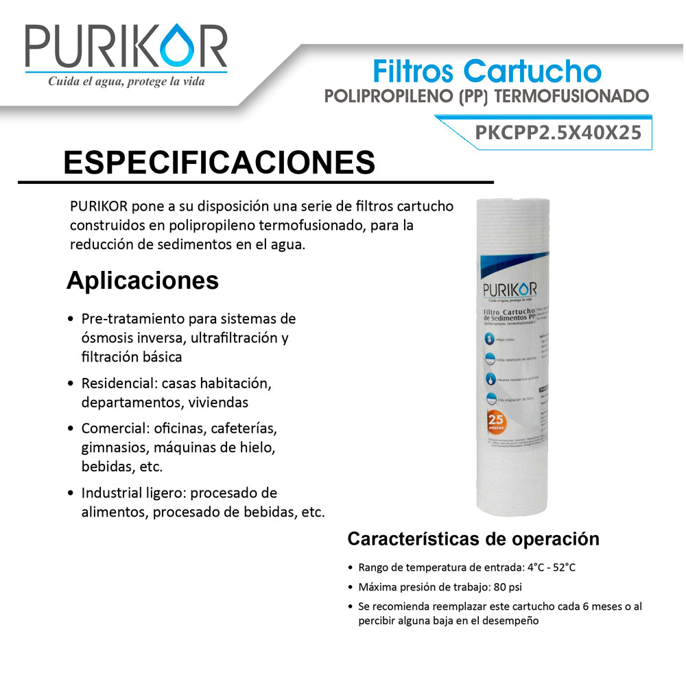 Filtro Cartucho de Polipropileno Termofusionado para reducción de Sedimentos del agua Purikor PKCPP2.5X40X25