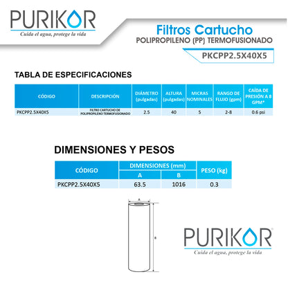 Filtro Cartucho de Polipropileno Termofusionado para reducción de Sedimentos del agua Purikor PKCPP2.5X40X5