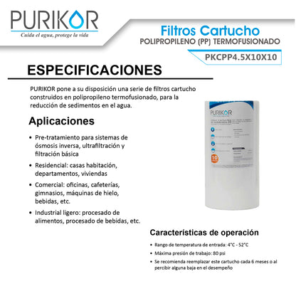 Filtro Cartucho de Polipropileno Termofusionado para reducción de Sedimentos del agua Purikor PKCPP4.5X10X10