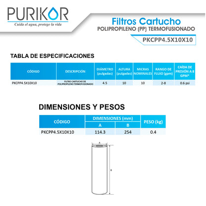 Filtro Cartucho de Polipropileno Termofusionado para reducción de Sedimentos del agua Purikor PKCPP4.5X10X10