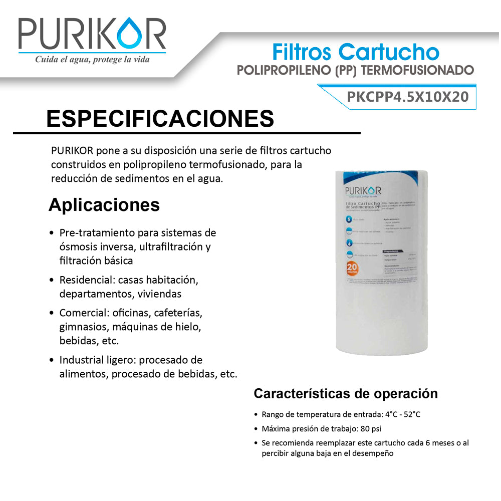 Filtro Cartucho de Polipropileno Termofusionado para reducción de Sedimentos del agua Purikor PKCPP4.5X10X20