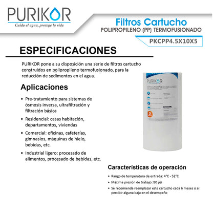 Filtro Cartucho de Polipropileno Termofusionado para reducción de Sedimentos del agua Purikor PKCPP4.5X10X5
