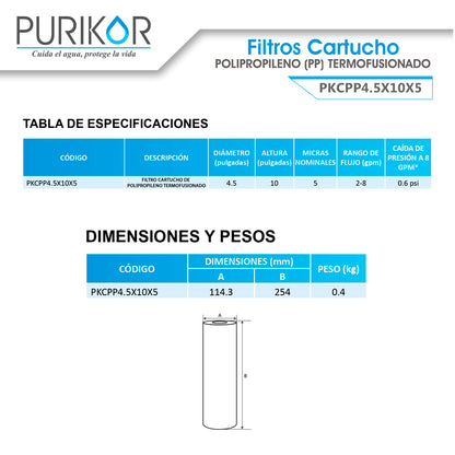 Filtro Cartucho de Polipropileno Termofusionado para reducción de Sedimentos del agua Purikor PKCPP4.5X10X5