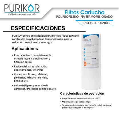 Filtro Cartucho de Polipropileno Termofusionado para reducción de Sedimentos del agua Purikor PKCPP4.5X20X5