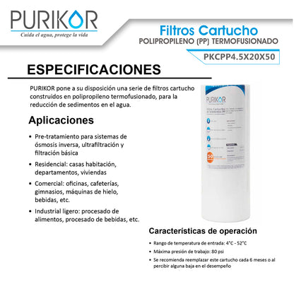 Filtro Cartucho de Polipropileno Termofusionado 4.5" x 20"  50 Micras - PURIKOR  PKCPP4.5X20X50