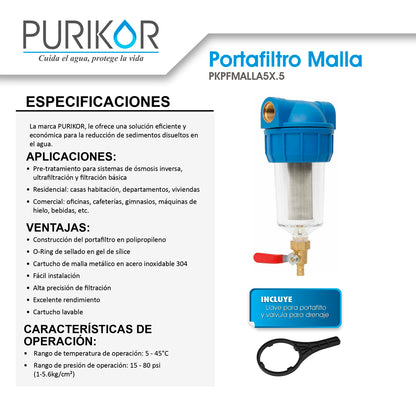 Portafiltro con Cartucho de Malla Metálico Purikor PKPFMALLA5X.5