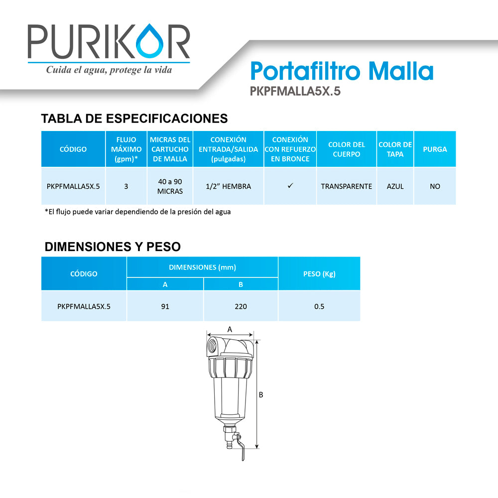 Portafiltro con Cartucho de Malla Metálico Purikor PKPFMALLA5X.5