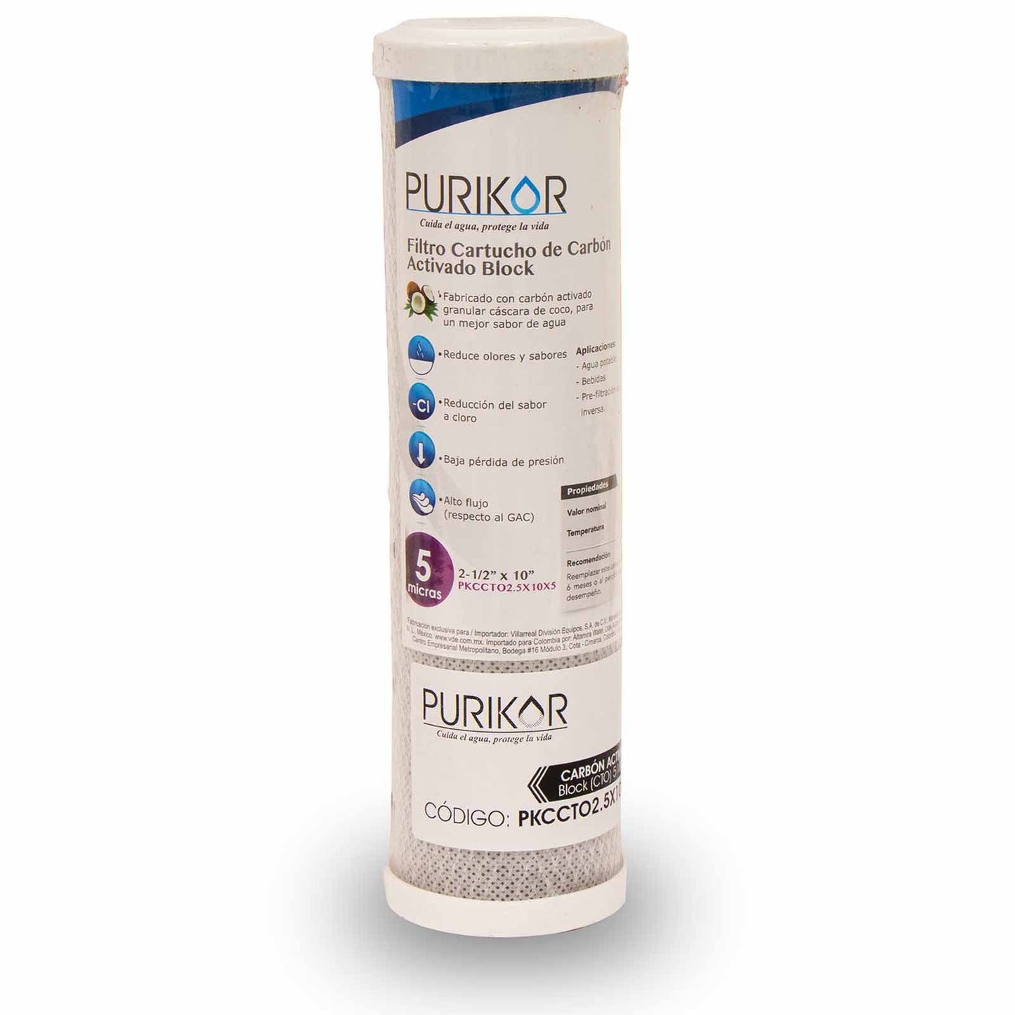 Filtro de Cartucho de Carbón Activado Block 5 Micras 10" PURIKOR (PKCCTO2.5X10X5)